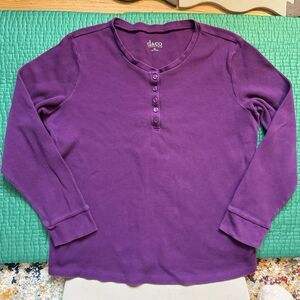 D & CO Womens XL Purple Waffle Knit Henley Stretch Long Sleeves T Shirt Casual